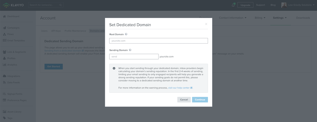 Klaviyo set dedicated sending domain