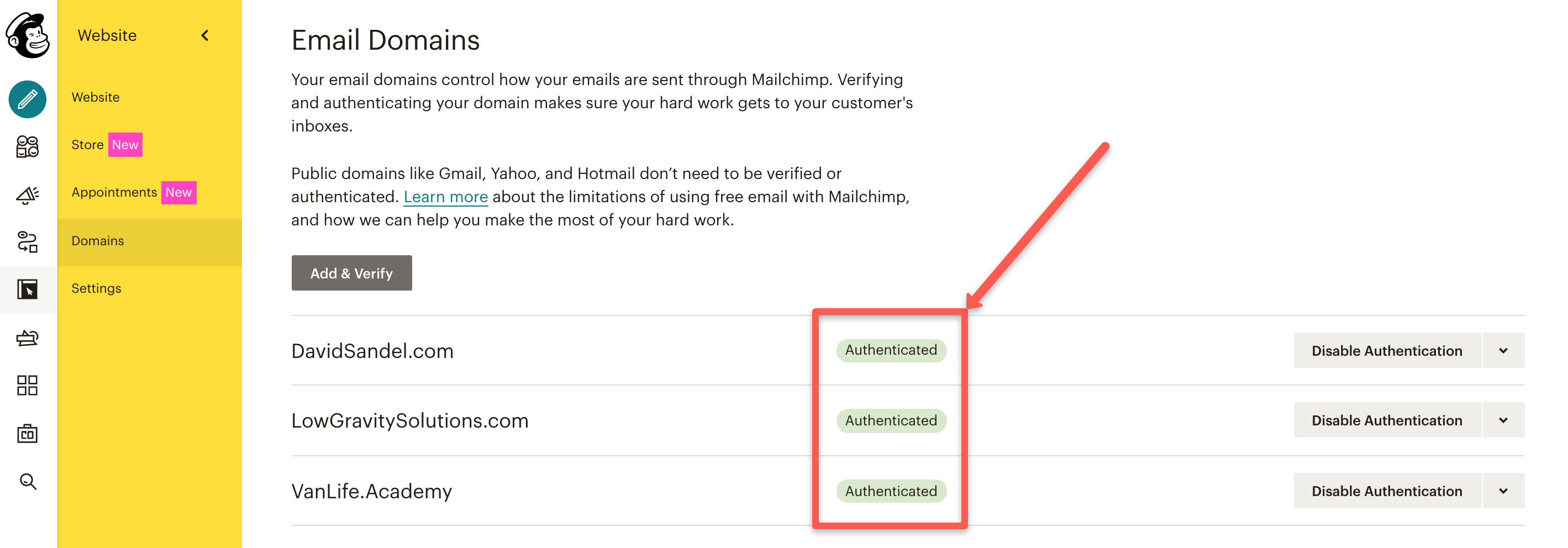 MailChimp Authenticated Domains