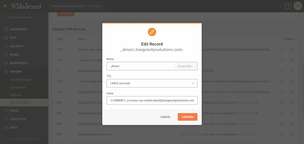 Siteground DMARC record