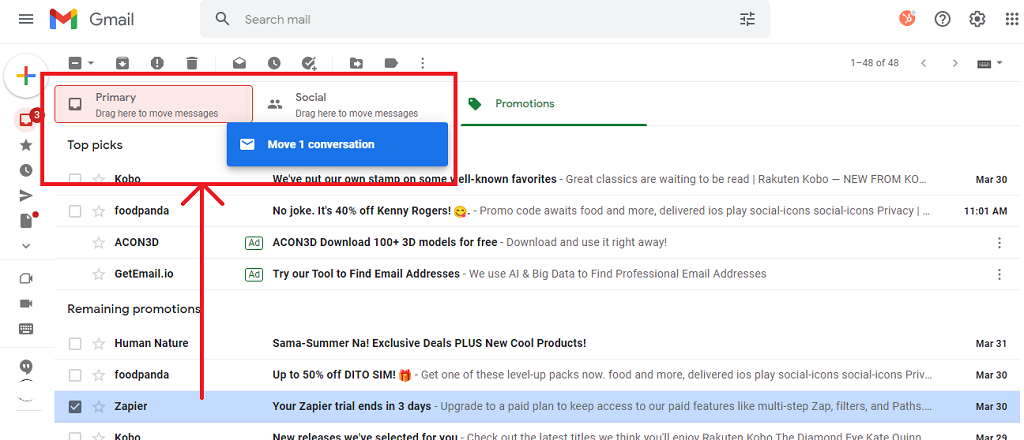 Move message to Gmail primary tab by dragging