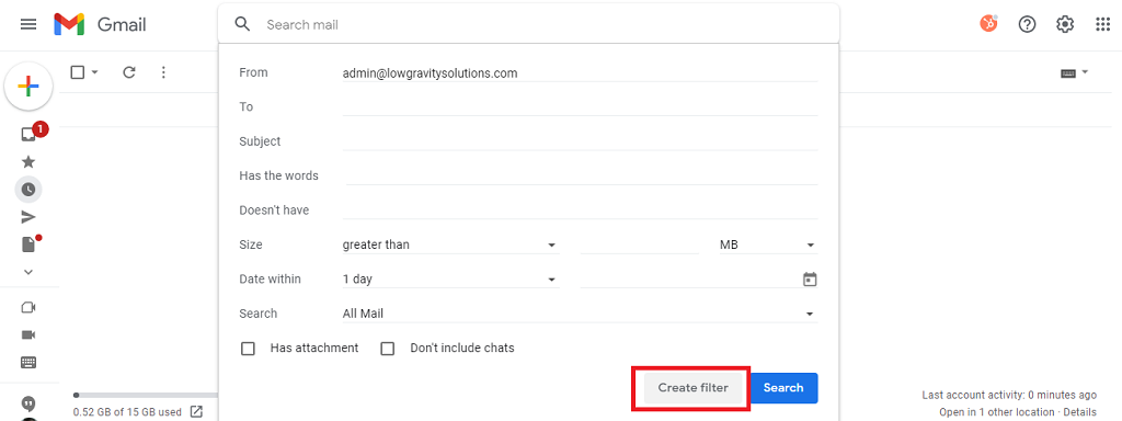 Gmail create filter button
