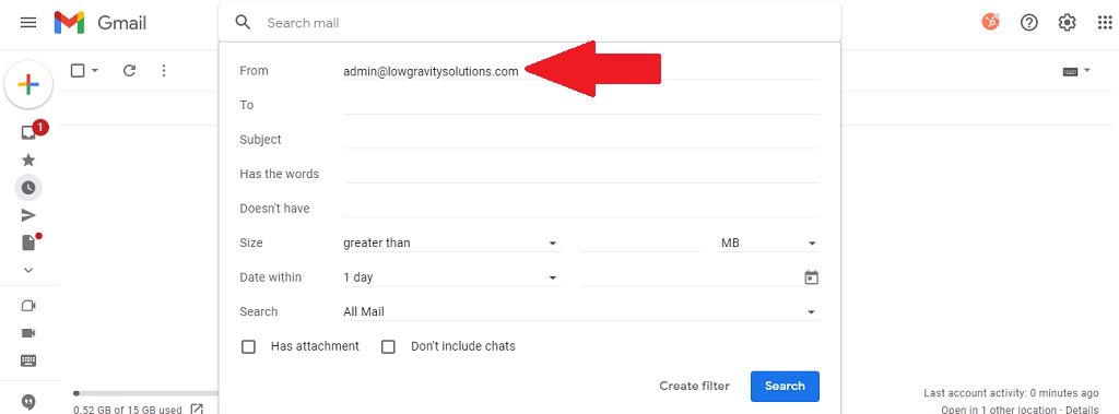 Gmail create filter form