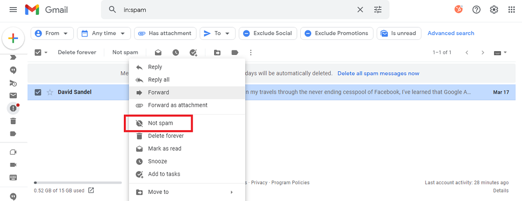 mark as not spam method to whitelist a contact in Gmail