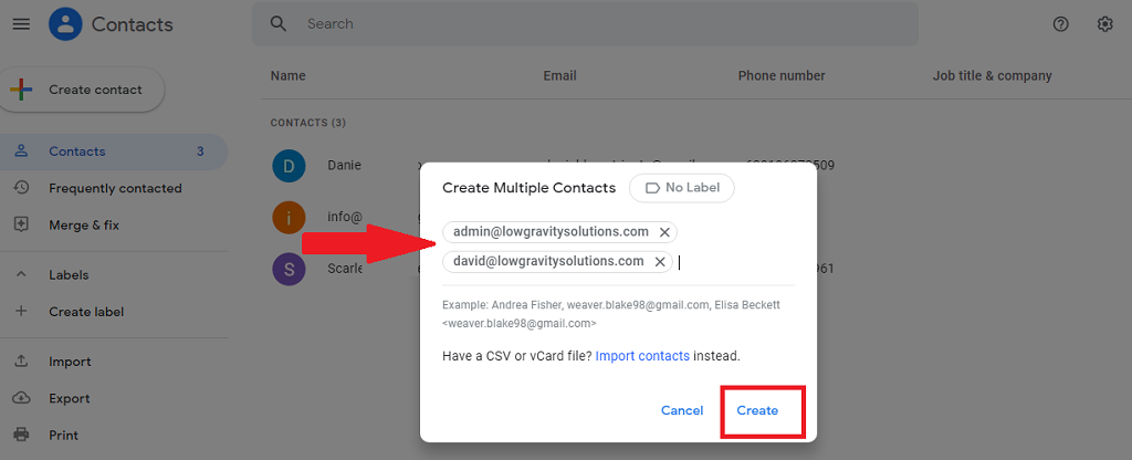multiple contacts added in Gmail through Google Contacts